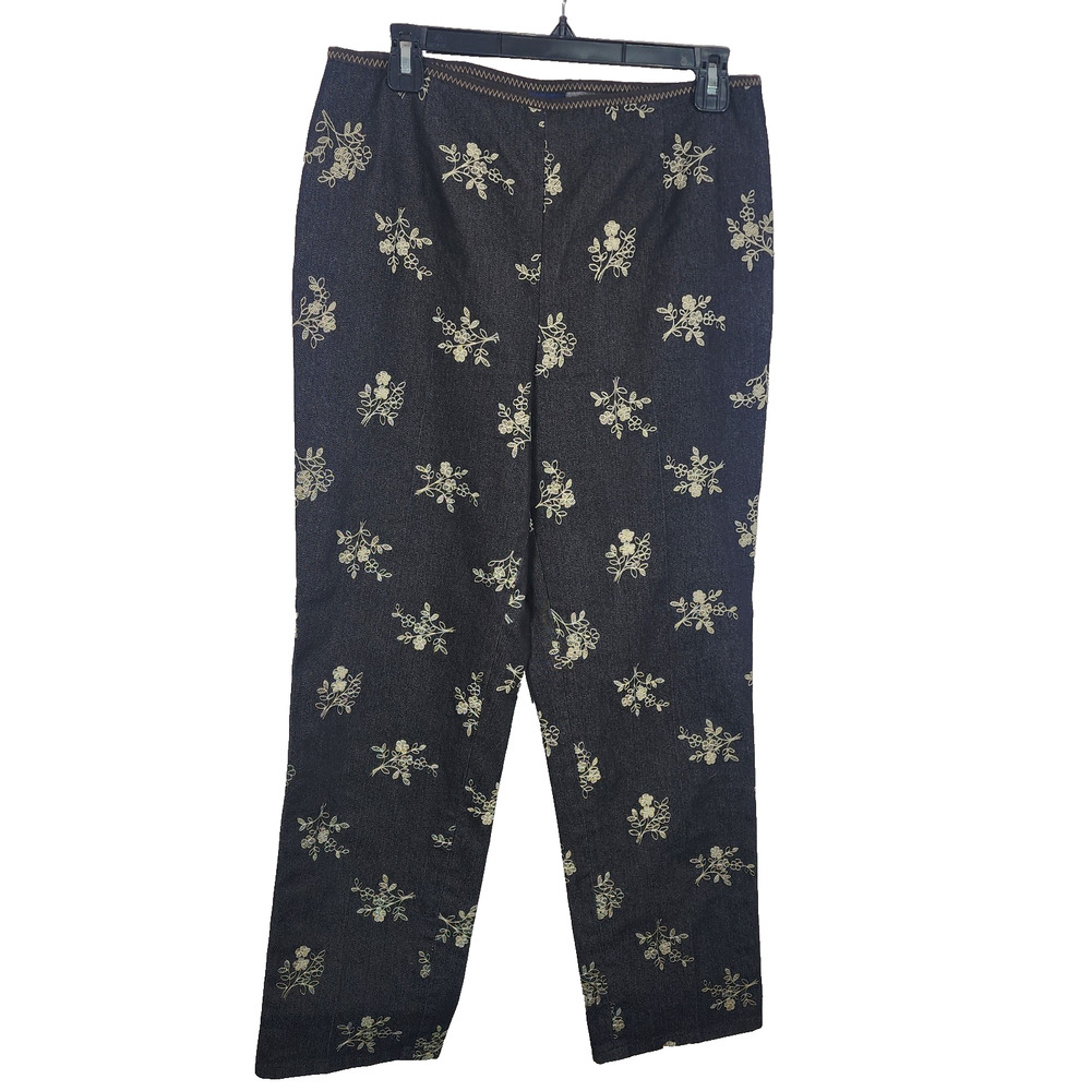 Ann Taylor Pant Size 10 Denim Black Floral Embroidery Side Zipper Stretch Career